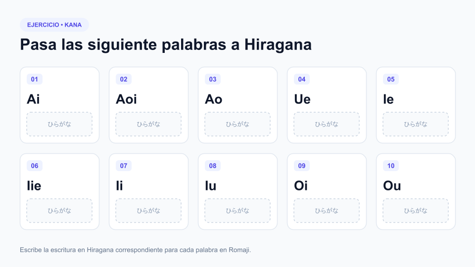En tu cuaderno, pasa las palabras a Hiragana